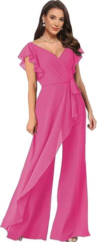Women's V Neck Jumpsuit with Ruffled Sleeves Chiffon Long Wedding Guest Outfit for Women LU197 in Saudi Arabia