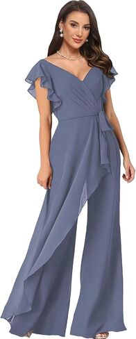 Women's V Neck Jumpsuit with Ruffled Sleeves Chiffon Long Wedding Guest Outfit for Women LU197 in Saudi Arabia