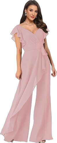 Women's V Neck Jumpsuit with Ruffled Sleeves Chiffon Long Wedding Guest Outfit for Women LU197 in Saudi Arabia