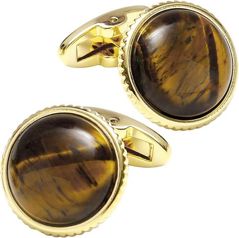 Round Natural Polished Tiger's Eye Gemstone Cufflinks for Men Women 14K Gold Plated Crystal Men's Cufflinks Jewelry for Wedding Anniversary Business Party Tuxedo Dress Shirt in Saudi Arabia