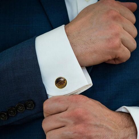 Round Natural Polished Tiger's Eye Gemstone Cufflinks for Men Women 14K Gold Plated Crystal Men's Cufflinks Jewelry for Wedding Anniversary Business Party Tuxedo Dress Shirt in Saudi Arabia
