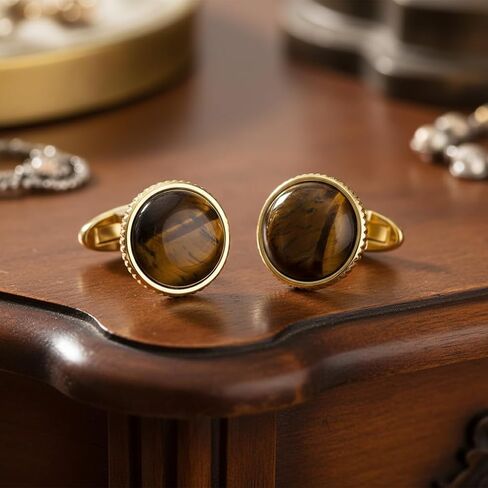 Round Natural Polished Tiger's Eye Gemstone Cufflinks for Men Women 14K Gold Plated Crystal Men's Cufflinks Jewelry for Wedding Anniversary Business Party Tuxedo Dress Shirt in Saudi Arabia