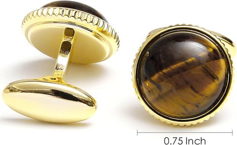 Round Natural Polished Tiger's Eye Gemstone Cufflinks for Men Women 14K Gold Plated Crystal Men's Cufflinks Jewelry for Wedding Anniversary Business Party Tuxedo Dress Shirt in Saudi Arabia