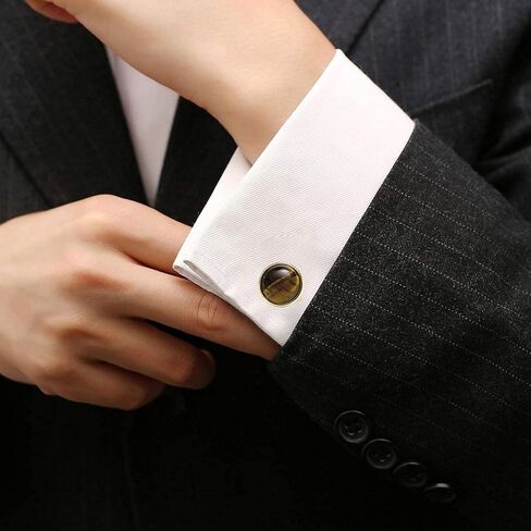 Round Natural Polished Tiger's Eye Gemstone Cufflinks for Men Women 14K Gold Plated Crystal Men's Cufflinks Jewelry for Wedding Anniversary Business Party Tuxedo Dress Shirt in Saudi Arabia