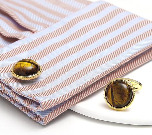 Round Natural Polished Tiger's Eye Gemstone Cufflinks for Men Women 14K Gold Plated Crystal Men's Cufflinks Jewelry for Wedding Anniversary Business Party Tuxedo Dress Shirt in Saudi Arabia