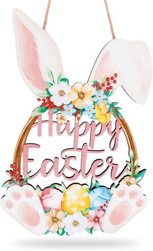 Easter Wreath for Front Door Wooden Happy Easter Door Wreath Sign Decoration Hanging 12 Inch Spring Hollow Flower Eggs Wreaths Decoration for Spring Holiday Outdoor Indoor Front Porch Home Wall Decor in Saudi Arabia