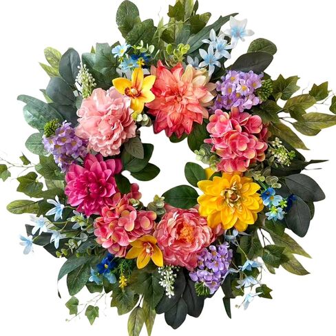 Spring Wreaths for Front Door, 24 Inch Spring Door Wreath with Yellow Dahlia,Pink Hydrangea Dahlia Peony Flower Wreath for All Season Outside Indoor Outdoor Home Porch Wall Decor in Saudi Arabia