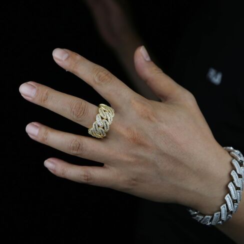 Solid Gold over S925 Sterling Silver Cuban Link Moissanite Ring, Chain-Inspired Masculine Design, Jewelry For Confident Men in Saudi Arabia