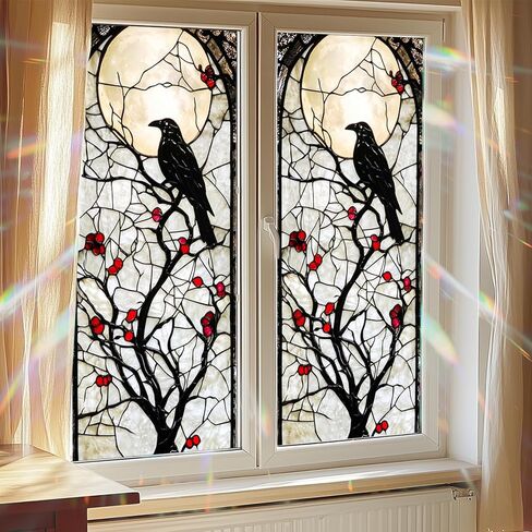 Gothic Crow Tree Red Berry Stained Glass Window Film Decorative Privacy Window Cling Static Cling Glass Sticker for Living Room Bedroom Office 17.7 x 39.3 Inch in Saudi Arabia