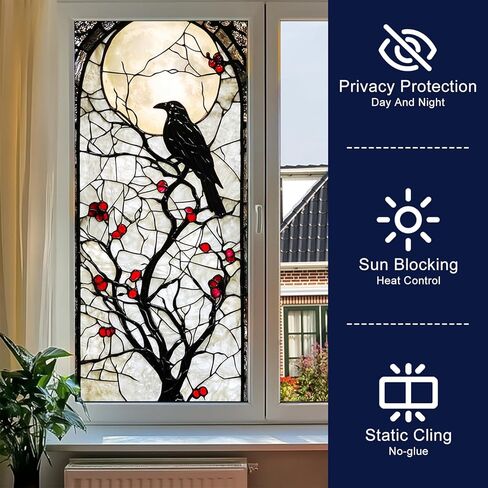 Gothic Crow Tree Red Berry Stained Glass Window Film Decorative Privacy Window Cling Static Cling Glass Sticker for Living Room Bedroom Office 17.7 x 39.3 Inch in Saudi Arabia