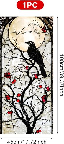 Gothic Crow Tree Red Berry Stained Glass Window Film Decorative Privacy Window Cling Static Cling Glass Sticker for Living Room Bedroom Office 17.7 x 39.3 Inch in Saudi Arabia