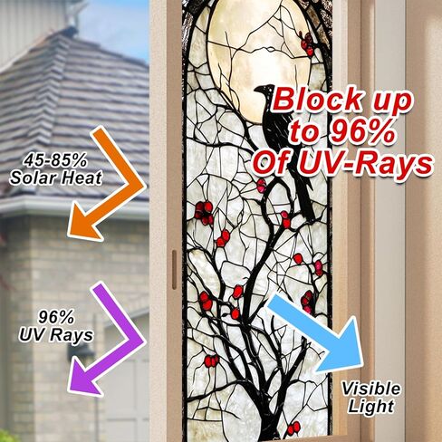 Gothic Crow Tree Red Berry Stained Glass Window Film Decorative Privacy Window Cling Static Cling Glass Sticker for Living Room Bedroom Office 17.7 x 39.3 Inch in Saudi Arabia