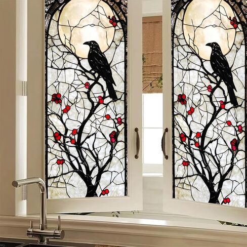 Gothic Crow Tree Red Berry Stained Glass Window Film Decorative Privacy Window Cling Static Cling Glass Sticker for Living Room Bedroom Office 17.7 x 39.3 Inch in Saudi Arabia