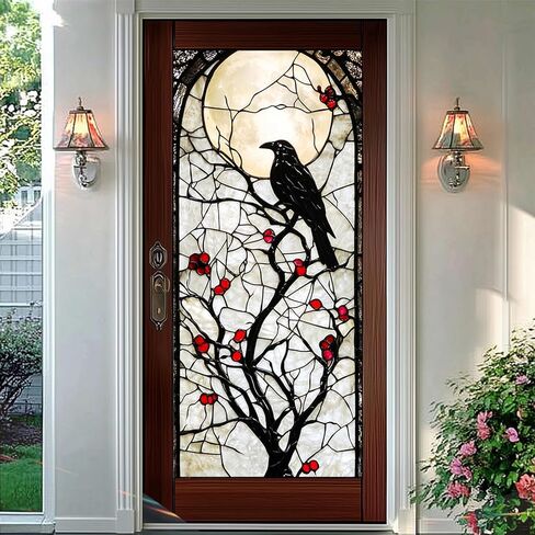 Gothic Crow Tree Red Berry Stained Glass Window Film Decorative Privacy Window Cling Static Cling Glass Sticker for Living Room Bedroom Office 17.7 x 39.3 Inch in Saudi Arabia
