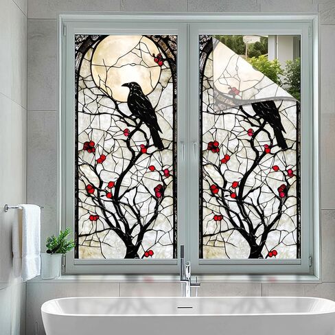 Gothic Crow Tree Red Berry Stained Glass Window Film Decorative Privacy Window Cling Static Cling Glass Sticker for Living Room Bedroom Office 17.7 x 39.3 Inch in Saudi Arabia
