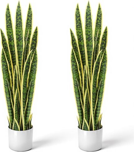 Crowye 2 Pack 3.17Ft Artificial Snake Plant 38'' Sansevieria Plant with 32 Leaves Large Artificial Snake Plant Bulk Fake Snake Plant Faux Plants in Pot for Home Office Housewarming Gift (Yellow Edge) in Kuwait