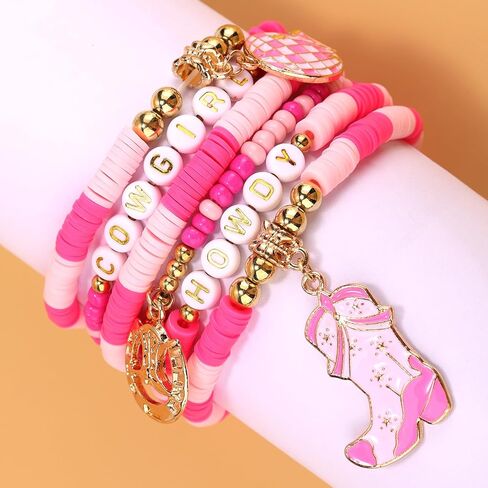 6pcs Western Cowgirl Beaded Bracelets, Stackable Women Cowgirl Beaded Howdy Bracelets with Boot and Globe Charm Stylish Jewelry Accessories for Female Friend Gift in Saudi Arabia