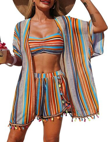 ZAFUL النساء 4 قطع Ruched مخطط بيكيني مجموعة ملابس السباحة عالية قطع مع شير مهدب التستر الجانب الشق السراويل in Saudi Arabia