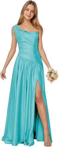 فستان وصيفة العروس بكتف واحد من الساتان زهرة فتاة فستان غير متماثل الخصر فساتين حفلة موسيقية رسمية للفتيات in Kuwait