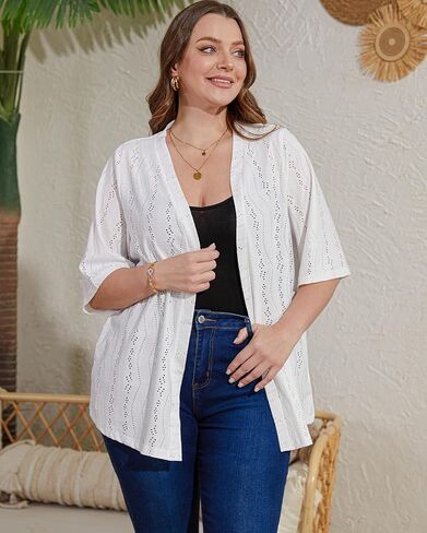 سترات صوفية بمقاسات كبيرة للسيدات نصف كم أنيقة كاجوال من قماش الجاكار كيمونو (L-5XL) in Kuwait