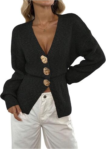 SOLY HUX Women's Deep V Neck Button Up Cardigans Long Sleeve Knit Sweater Fall Tops in Saudi Arabia