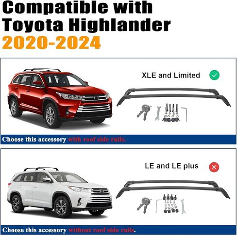 قضبان متقاطعة لحامل السقف من Zorik لسيارة Toyota Highlander 2020-2024 XLE/Limited/Platinum مع قضبان جانبية للسقف، نظام قفل بسعة 260 رطل، تركيب بدون حفر لصندوق الشحن، قوارب الكاياك، التزلج in Saudi Arabia