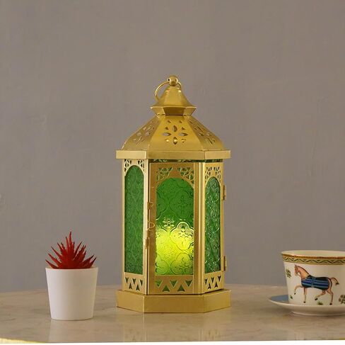 Moroccan Style Gold Candle Lantern, 11 Inch Candle Holder Metal Lamp Hanging Indoor for Home Weddings Ramadan Decorative（Green Glass） in Saudi Arabia