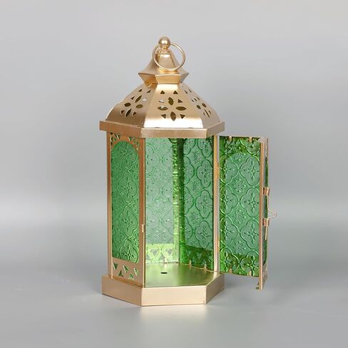 Moroccan Style Gold Candle Lantern, 11 Inch Candle Holder Metal Lamp Hanging Indoor for Home Weddings Ramadan Decorative（Green Glass） in Saudi Arabia