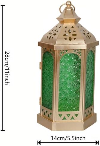 Moroccan Style Gold Candle Lantern, 11 Inch Candle Holder Metal Lamp Hanging Indoor for Home Weddings Ramadan Decorative（Green Glass） in Saudi Arabia