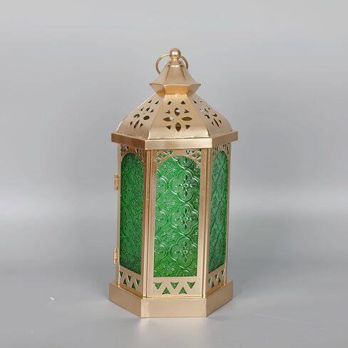 Moroccan Style Gold Candle Lantern, 11 Inch Candle Holder Metal Lamp Hanging Indoor for Home Weddings Ramadan Decorative（Green Glass） in Saudi Arabia