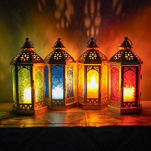Moroccan Style Gold Candle Lantern, 11 Inch Candle Holder Metal Lamp Hanging Indoor for Home Weddings Ramadan Decorative（Green Glass） in Saudi Arabia
