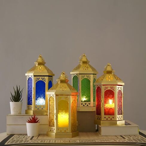 Moroccan Style Gold Candle Lantern, 11 Inch Candle Holder Metal Lamp Hanging Indoor for Home Weddings Ramadan Decorative（Green Glass） in Saudi Arabia
