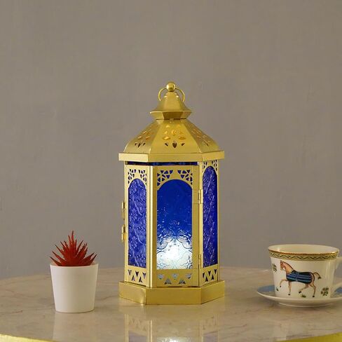 فانوس شموع ذهبي على الطراز المغربي، حامل شموع معدني مقاس 11 بوصة، معلق في الداخل للمنزل وحفلات الزفاف وديكور رمضان (زجاج أخضر) in Kuwait