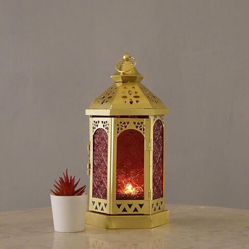 Moroccan Style Gold Candle Lantern, 11 Inch Candle Holder Metal Lamp Hanging Indoor for Home Weddings Ramadan Decorative（Green Glass） in Saudi Arabia