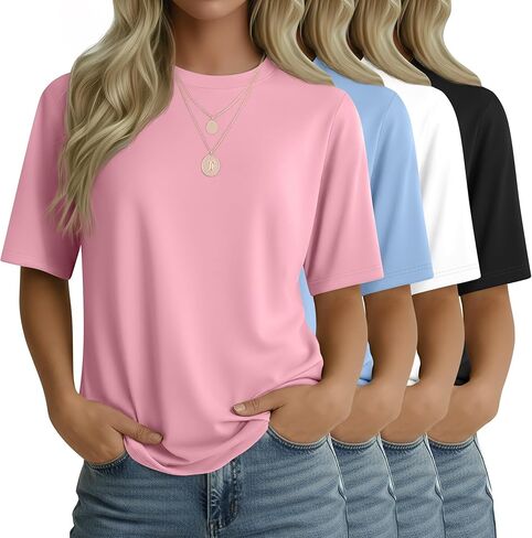4 Pack Women's Half Sleeve T Shirts 1/2 Sleeve Basic Crew Neck Tops Elbow Length Casual Loose Fit Summer Tees in Saudi Arabia