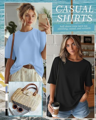 4 Pack Women's Half Sleeve T Shirts 1/2 Sleeve Basic Crew Neck Tops Elbow Length Casual Loose Fit Summer Tees in Saudi Arabia