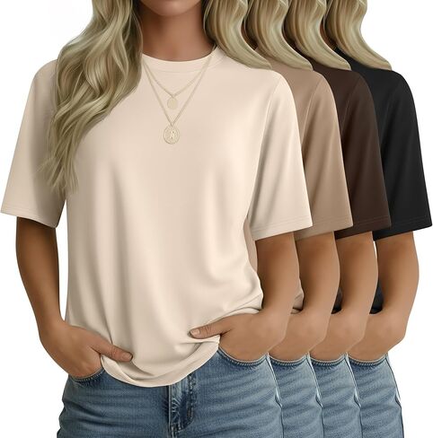 4 Pack Women's Half Sleeve T Shirts 1/2 Sleeve Basic Crew Neck Tops Elbow Length Casual Loose Fit Summer Tees in Saudi Arabia