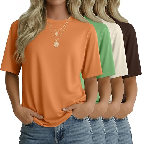 4 Pack Women's Half Sleeve T Shirts 1/2 Sleeve Basic Crew Neck Tops Elbow Length Casual Loose Fit Summer Tees in Saudi Arabia