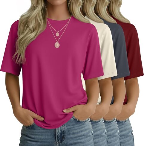 4 Pack Women's Half Sleeve T Shirts 1/2 Sleeve Basic Crew Neck Tops Elbow Length Casual Loose Fit Summer Tees in Saudi Arabia