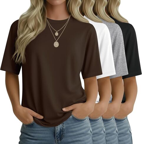 4 Pack Women's Half Sleeve T Shirts 1/2 Sleeve Basic Crew Neck Tops Elbow Length Casual Loose Fit Summer Tees in Saudi Arabia