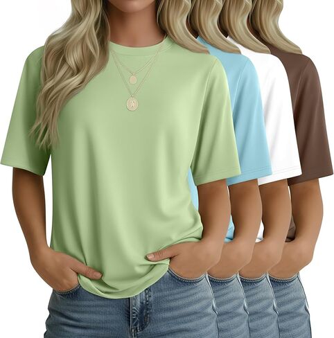 4 Pack Women's Half Sleeve T Shirts 1/2 Sleeve Basic Crew Neck Tops Elbow Length Casual Loose Fit Summer Tees in Saudi Arabia