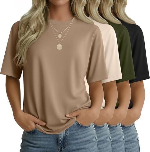 4 Pack Women's Half Sleeve T Shirts 1/2 Sleeve Basic Crew Neck Tops Elbow Length Casual Loose Fit Summer Tees in Saudi Arabia