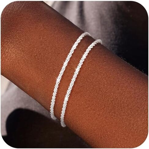 أساور مطلية بالفضة الإسترلينية للنساء مجموعة أساور فضية أنيقة وبسيطة قابلة للتكديس سلسلة أساور مجوهرات للنساء والفتيات المراهقات هدايا عيد الحب in Kuwait