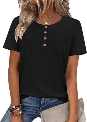 تي شيرت نسائي صيفي من Zeagoo بأكمام قصيرة أنيق كاجوال من Henley تي شيرت برقبة دائرية وبلوزات مزهّرة ملابس عمل للعمل in Saudi Arabia