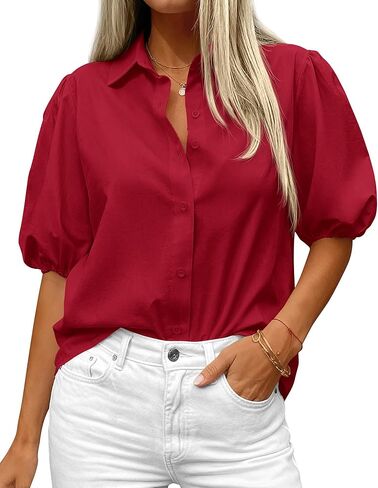 BTFBM Women's Button Down Shirts Short Puff Sleeve Collared V Neck 2026 Summer Tops Dressy Casual Work Business Blouses in Saudi Arabia