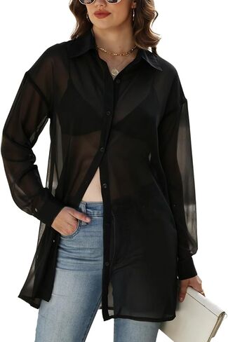 Gihuo Womens Sheer Blouse Mesh Button Down Shirts Long Sleeve Sexy See Through Tops in Saudi Arabia