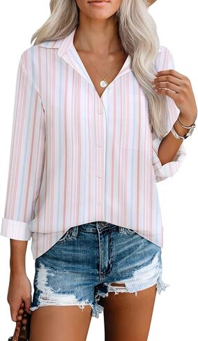 قمصان نسائية بأزرار سفلية وأكمام طويلة صيفية ورقبة على شكل V وياقة مخططة وبلوزات كاجوال مع جيب in Kuwait