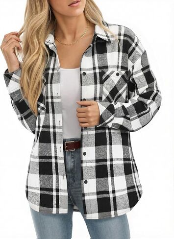 MANGOPOP Year-Round Flannel Shirt for Women - Lightweight Oversized Long Sleeve Button Down Plaid for Effortless Layering in Kuwait