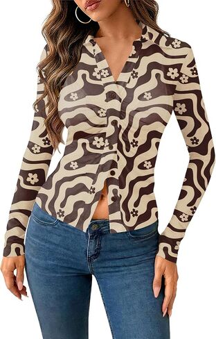 Clarisbelle Summer Womens Button Down Lapel Long Sleeve Shirts V Neck Mesh Ruched Trendy Tops in Saudi Arabia