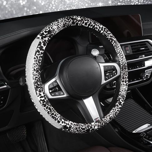AUTOYOUTH Leopard Print Steering Wheel Cover - Bling Crystal Rhinestones Cheetah Print on PVC Leather Non-Slip Breathable Design for Women/Girls Universal Fit 14.5-15 Inch - Pink in Kuwait